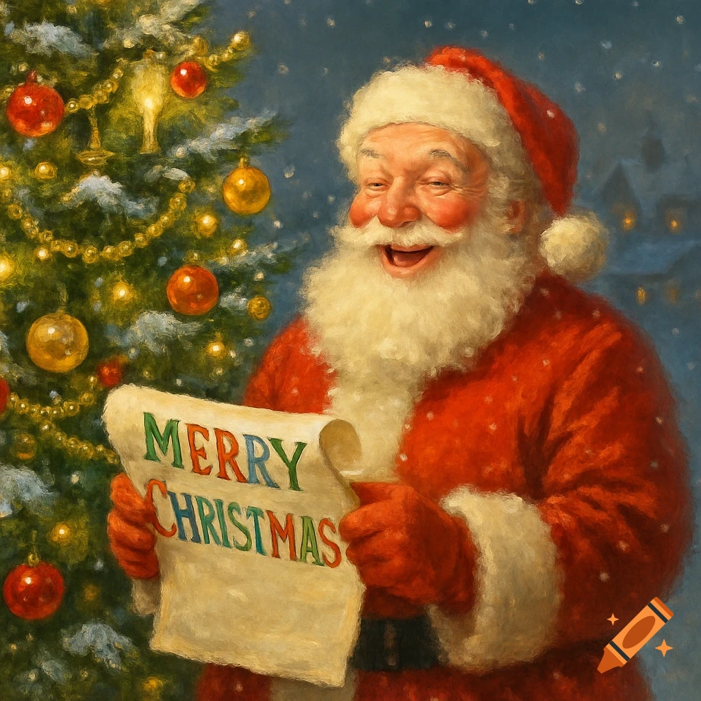 A smiling Santa Claus, in a painterly style, holds a scroll reading 'MERRY CHRISTMAS' next to a decorated Christmas tree.