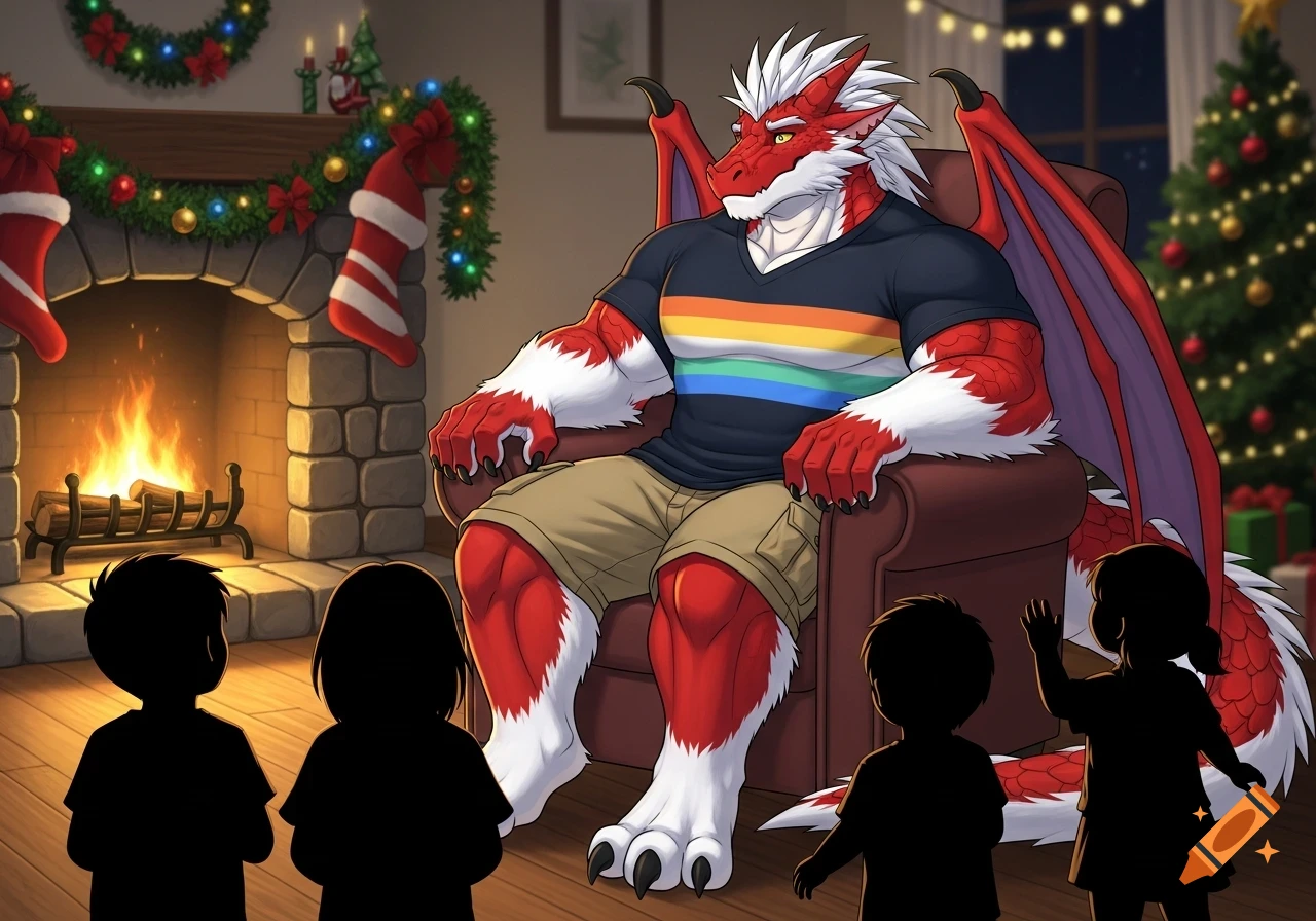 A bulky red anthropomorphic dragon wearing a rainbow-striped shirt and khaki shorts sits in an armchair by a Christmas fireplace, surrounded by children silhouettes.