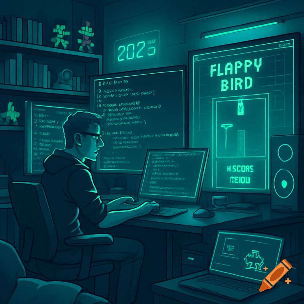 A person wearing glasses codes in a dark, neon-lit room with multiple screens displaying code, a "Flappy Bird" game, and a digital clock showing "2023".