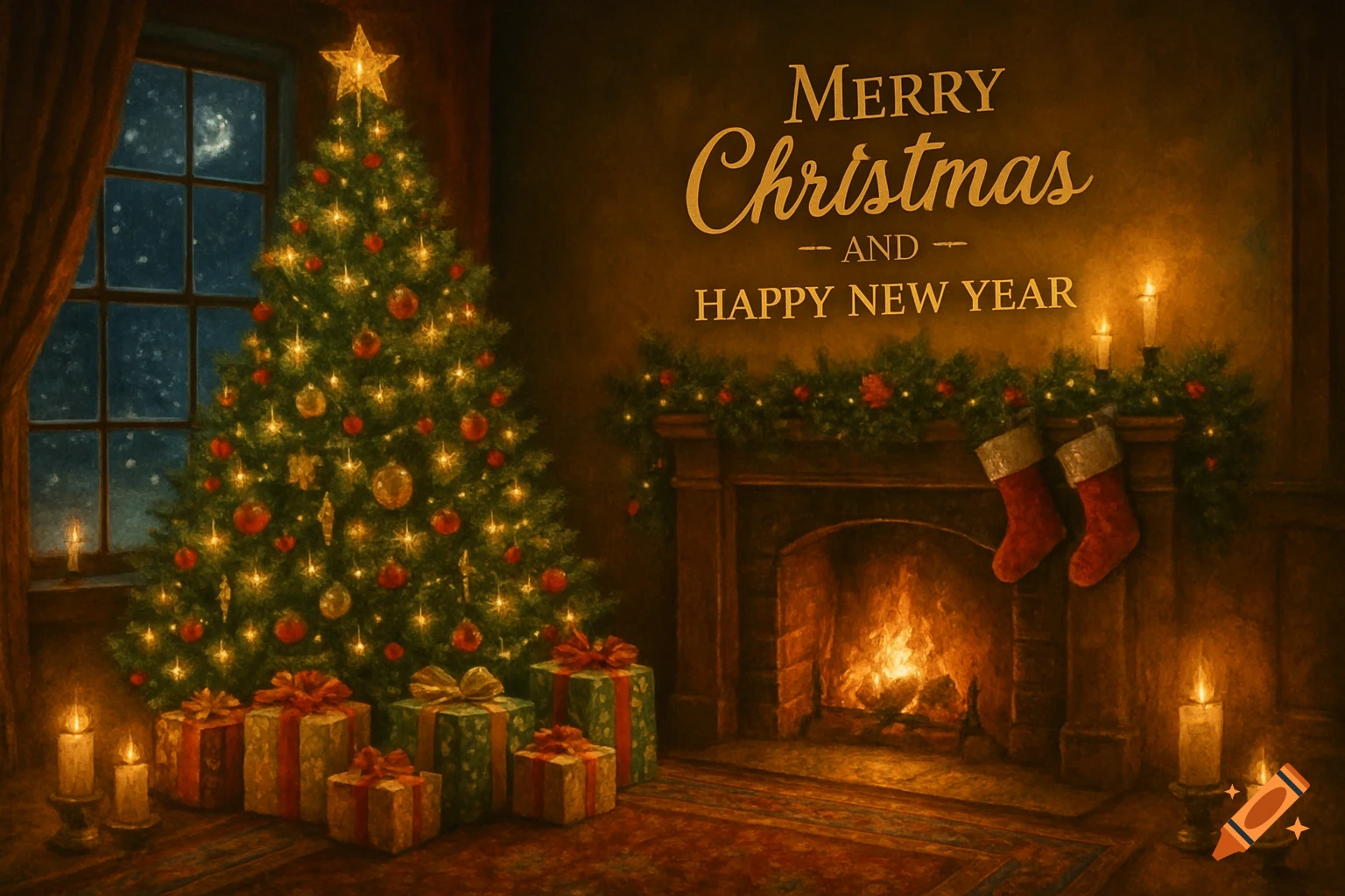 A cozy Christmas scene with a decorated tree, glowing fireplace, stockings, and presents, featuring the text 'Merry Christmas and Happy New Year' on a dark wall.