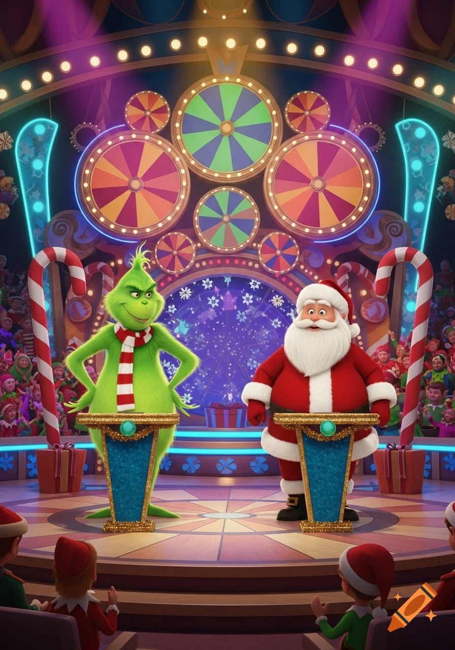 The Grinch and Santa Claus stand on a brightly lit game show stage with colorful spinning wheels and an audience of elves.
