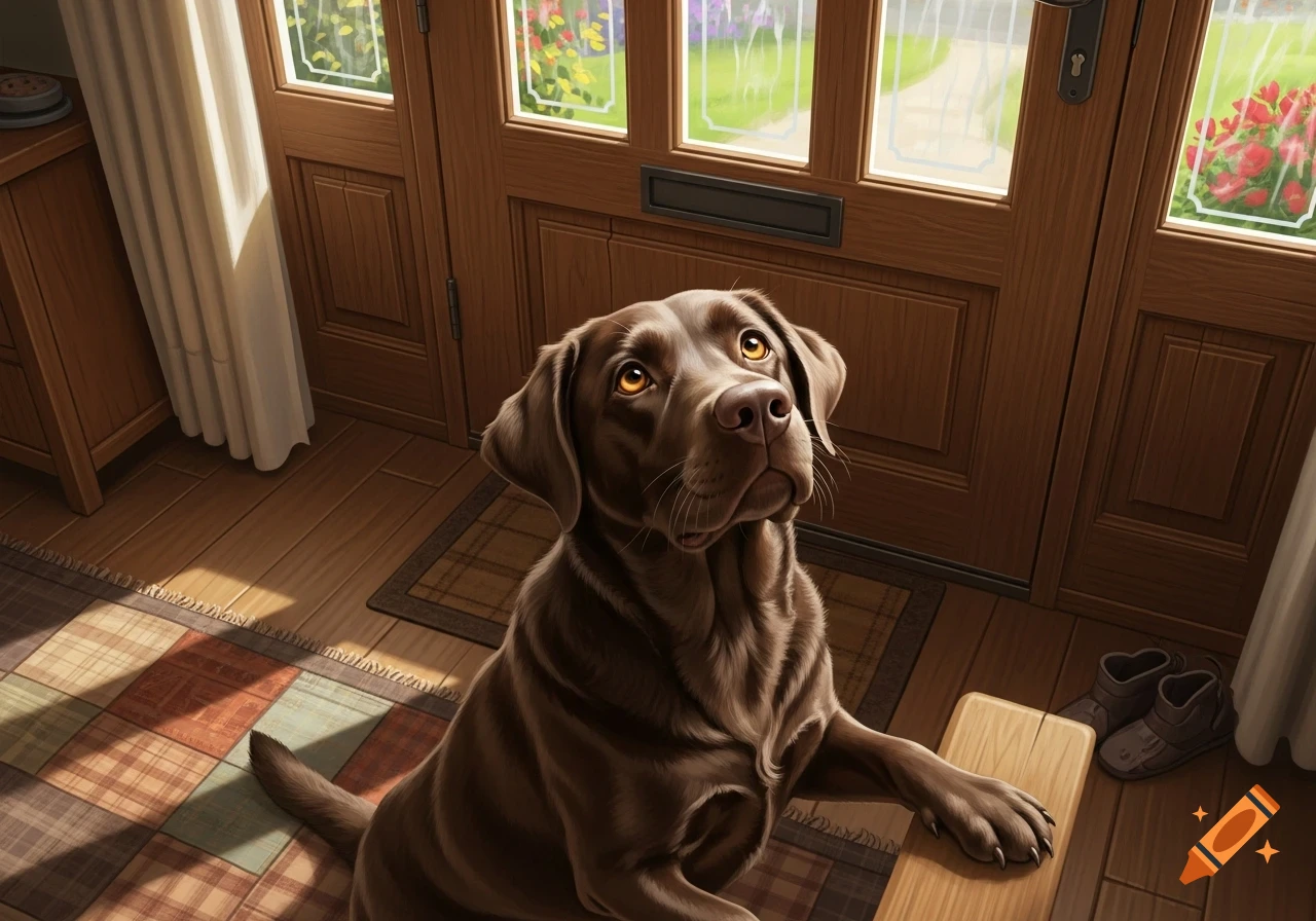 A photorealistic chocolate Labrador dog with its paws on a wooden bench, looking up expectantly in front of a sunlit wooden door.