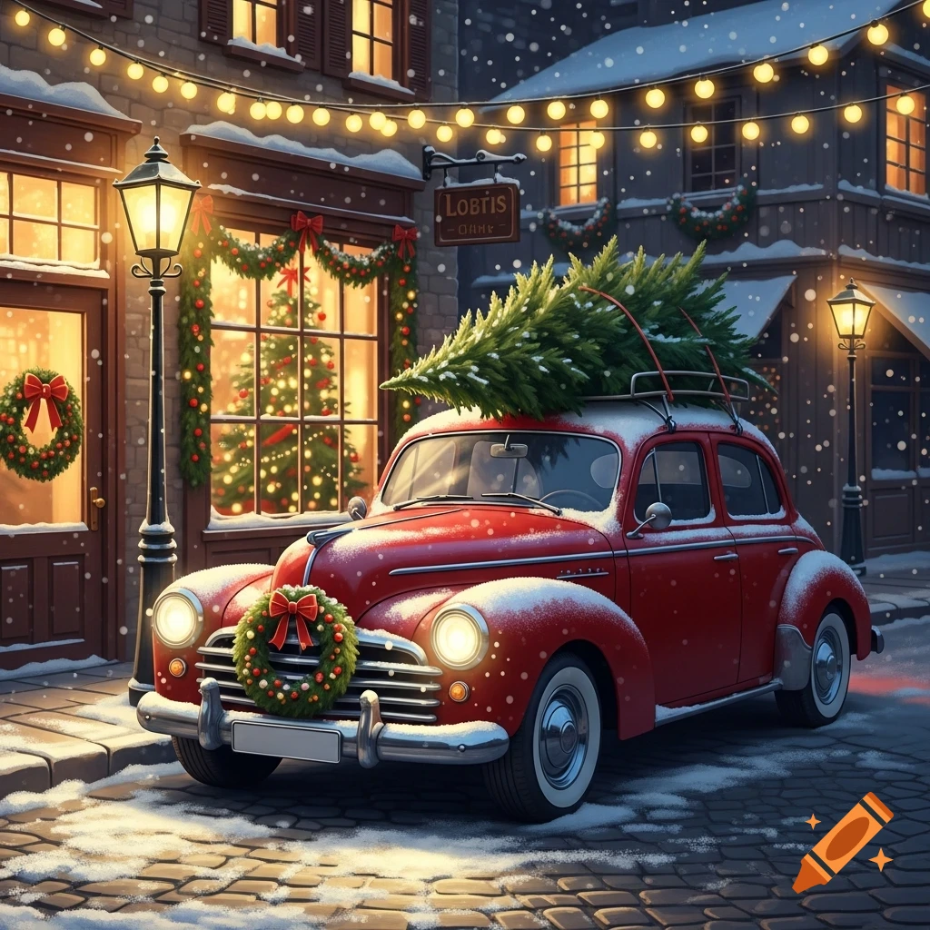 A red vintage car with a Christmas tree on its roof and a wreath on the grille, parked on a snowy street in front of festive buildings.
