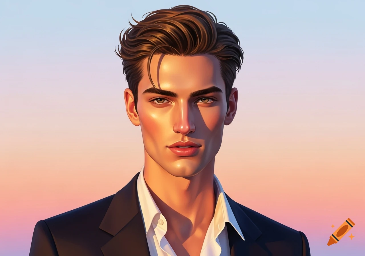 A stylized portrait of a handsome man with brown hair wearing a suit and white shirt, against a pastel sunset background.