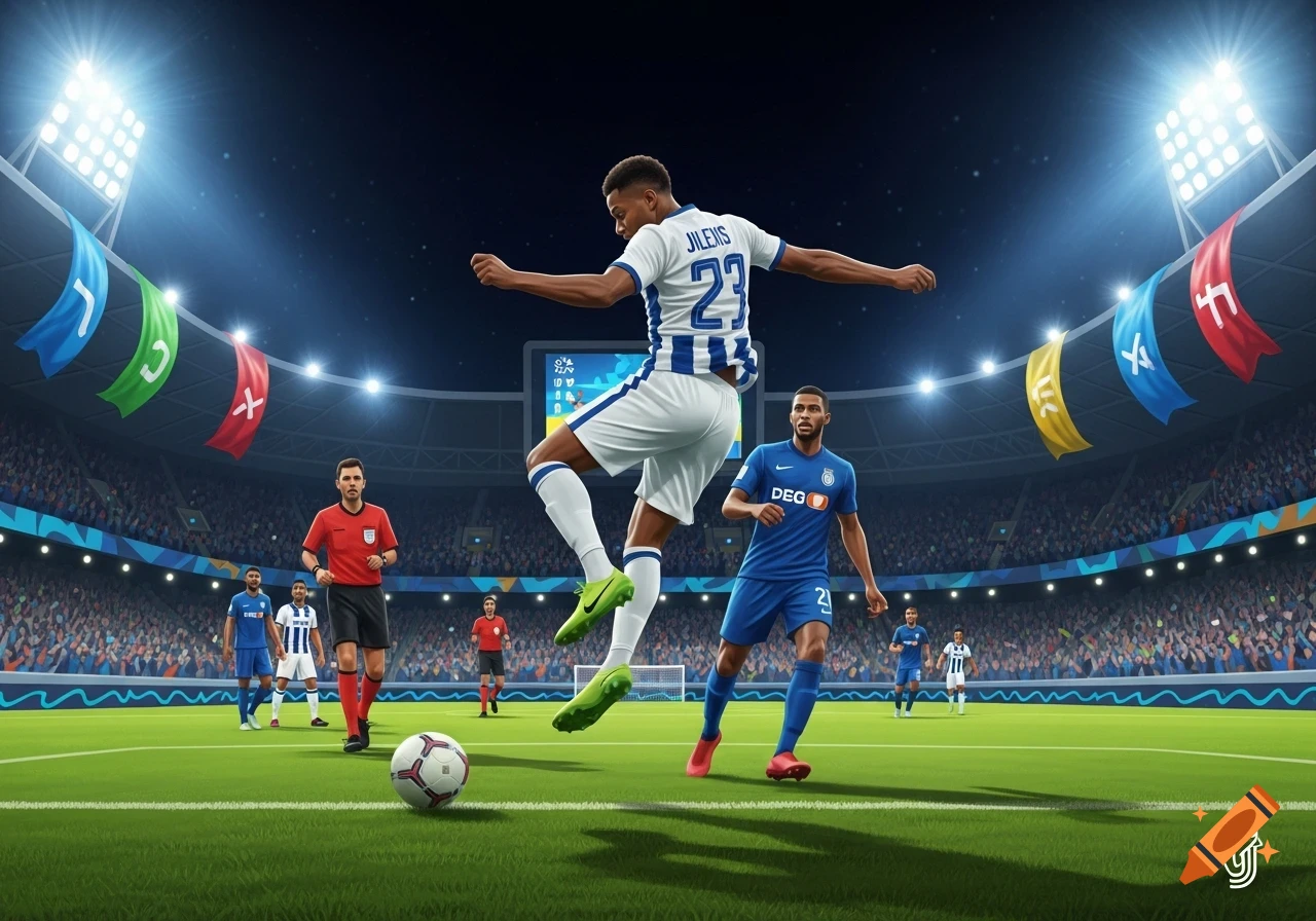 A dynamic shot of a soccer player in a white and blue striped jersey mid-air, about to kick a ball in a brightly lit stadium during a night game. Other players, a referee, and a cheering crowd are visible.