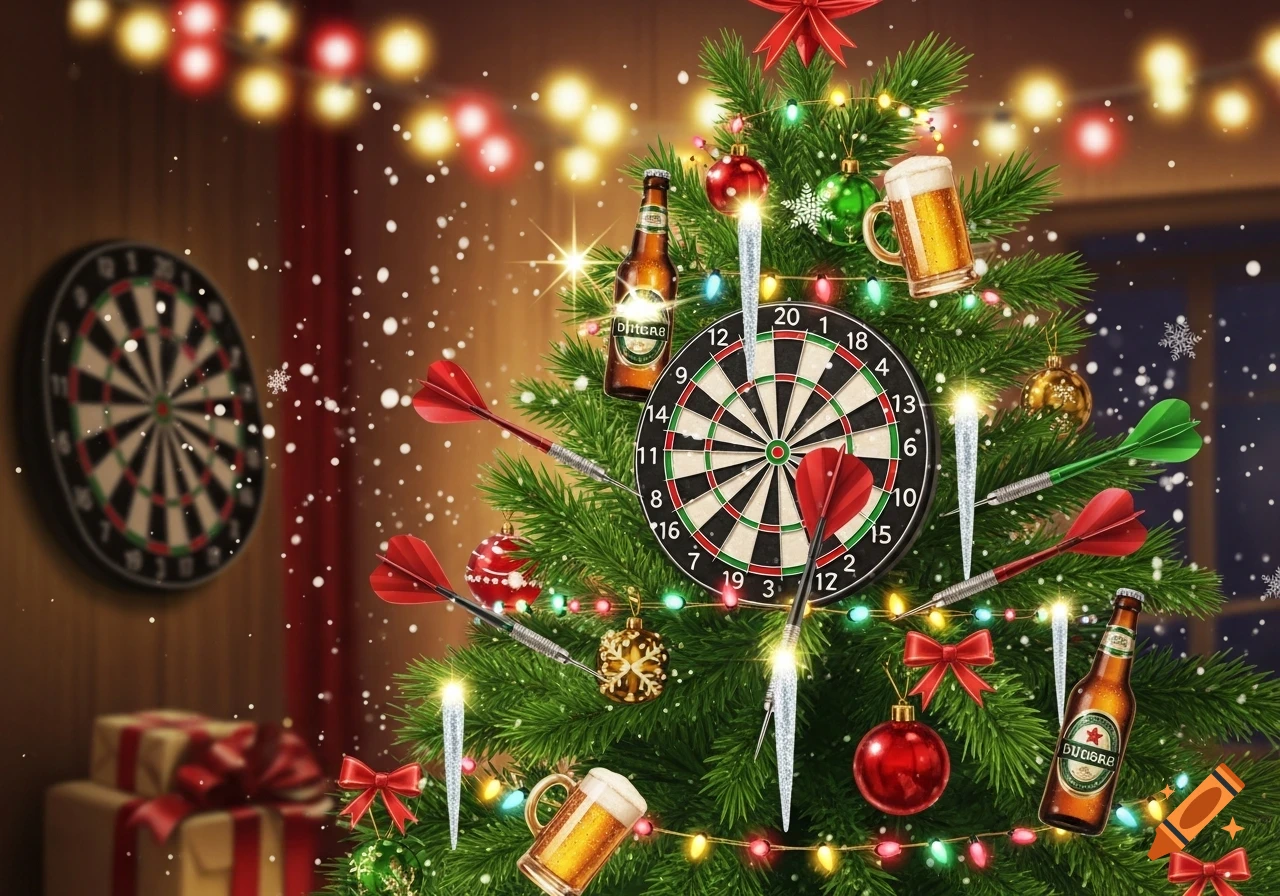 A festive Christmas tree decorated with dartboards, red and green darts, beer bottles, and mugs. Snow falls gently in the background.