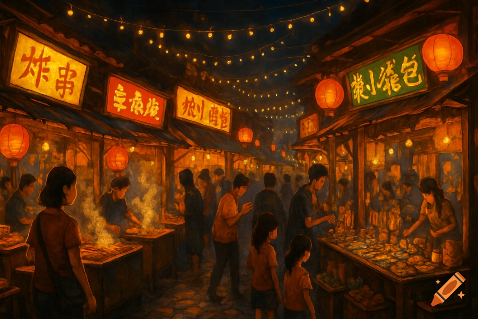 A vibrant, painted night market scene with numerous food stalls, glowing lanterns, and strings of lights illuminating people browsing and cooking.