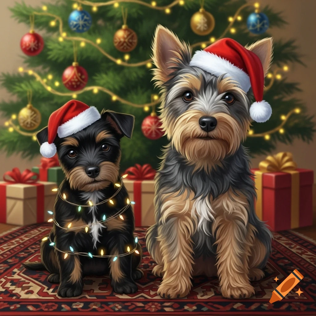 Two cute puppies in Santa hats sit on a Persian rug in front of a decorated Christmas tree with presents, looking at the viewer.