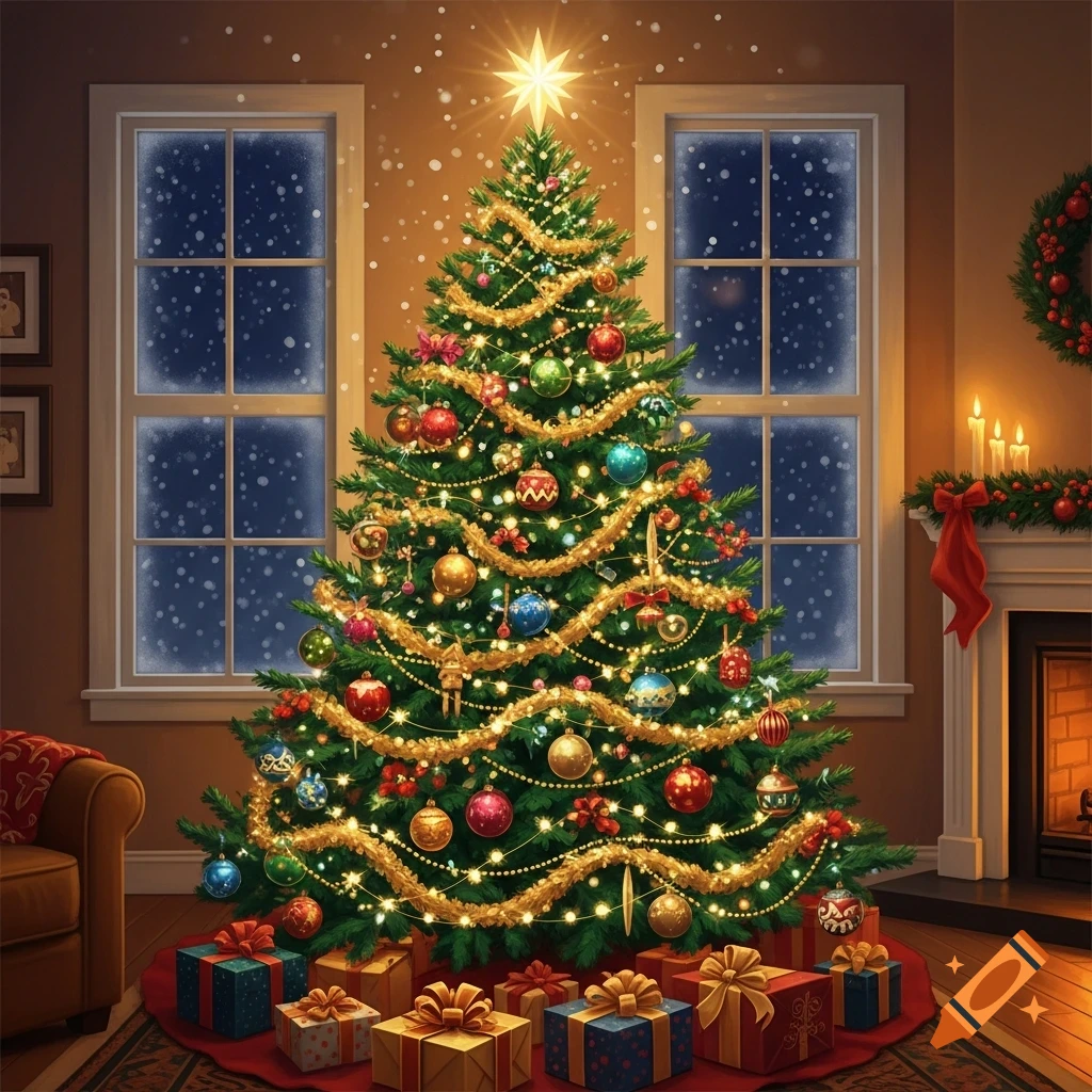 A decorated Christmas tree with a star, lights, ornaments, and presents, by a window with snow and a fireplace in a cozy room.