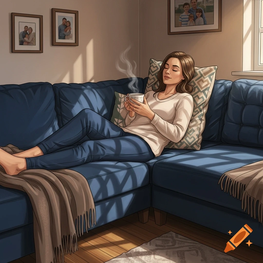 Digital art of a woman relaxing on a blue couch, holding a steaming mug, in a sunny living room.