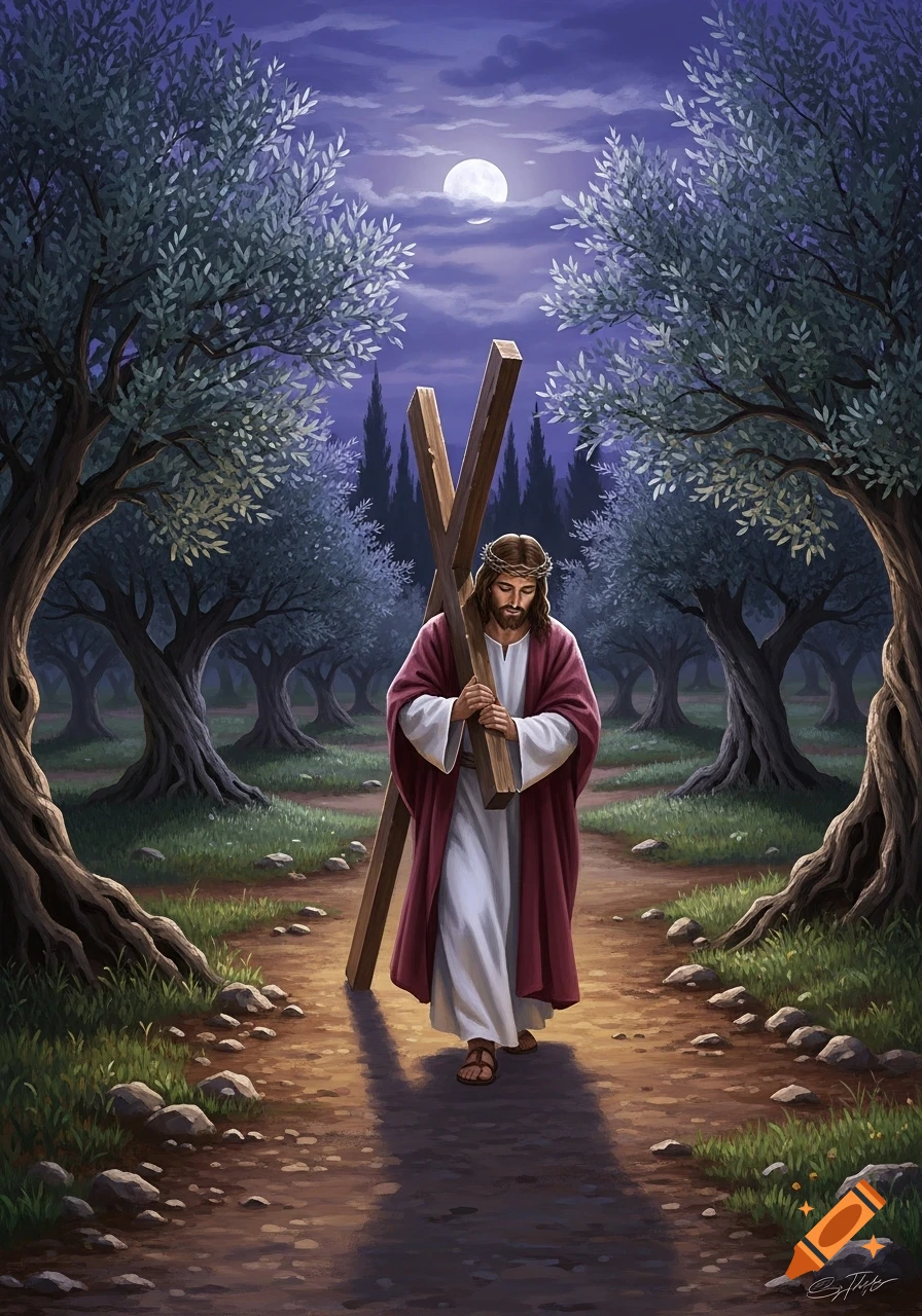 Jesus in a white tunic and red robe carries a wooden cross down a path flanked by olive trees under a full moon at night, detailed illustration.