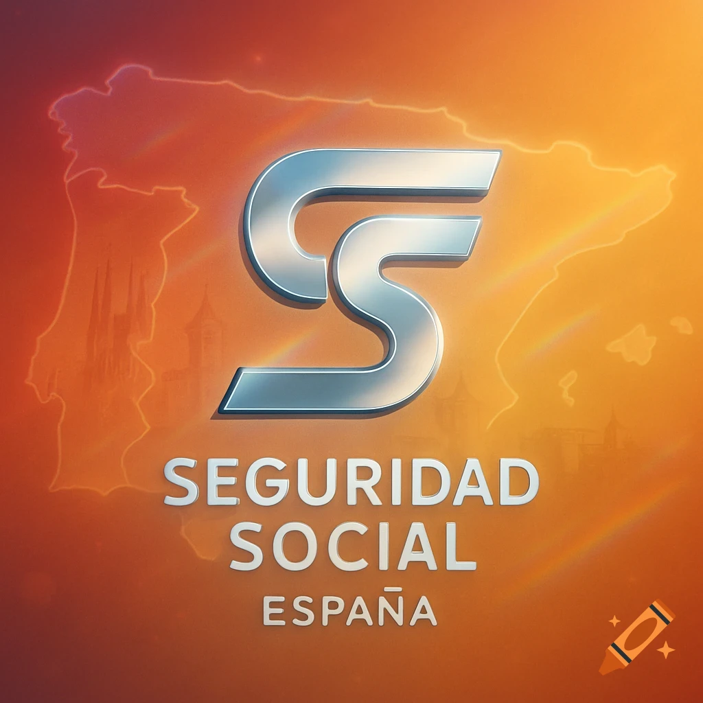 Metallic 'SS' logo above 'SEGURIDAD SOCIAL ESPAÑA' text, against an orange background with a faint map of Spain.