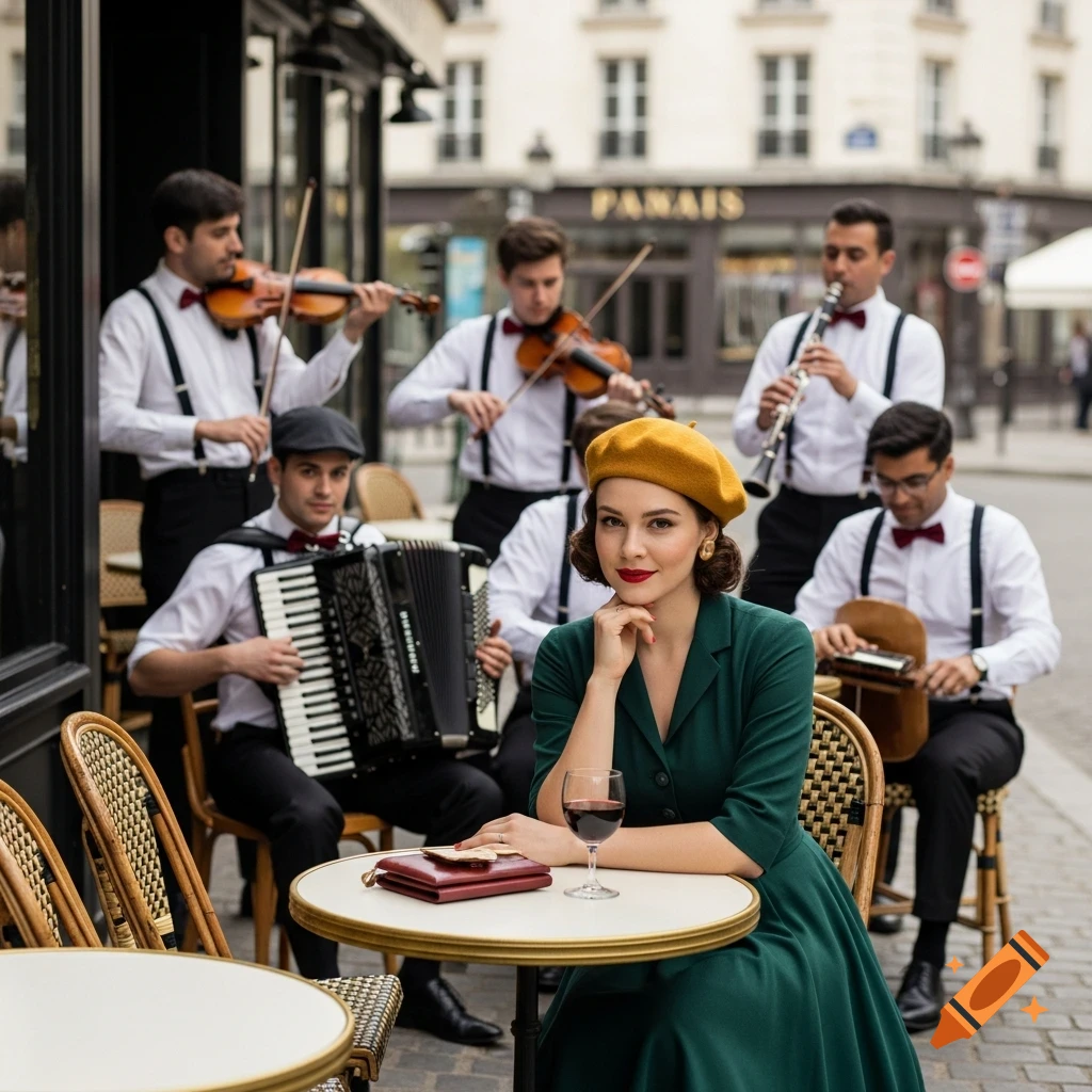 A woman in a green vintage dress and mustard beret sips wine at a Parisian cafe table, with a band playing in the background.