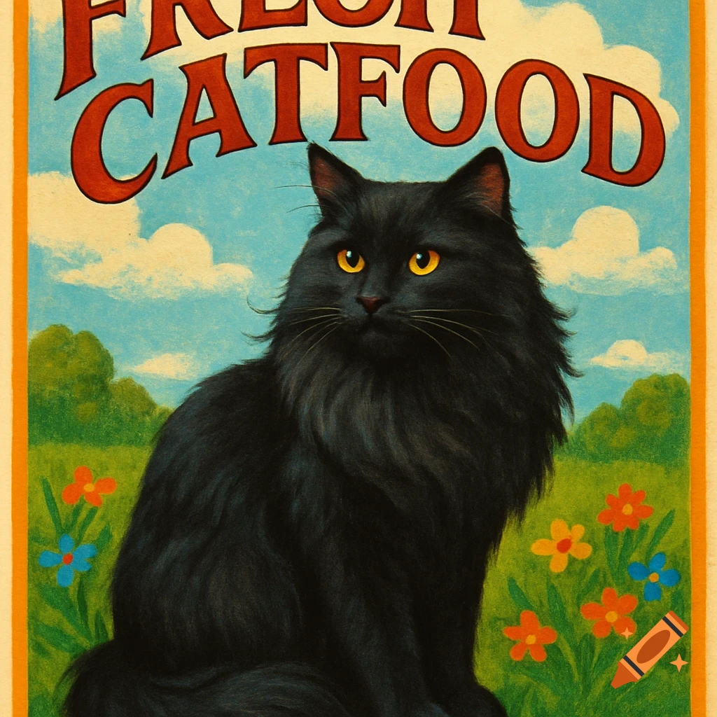 Vintage illustration of a fluffy black cat sitting in a flower field under a blue sky, with the text 'FRESH CATFOOD'.
