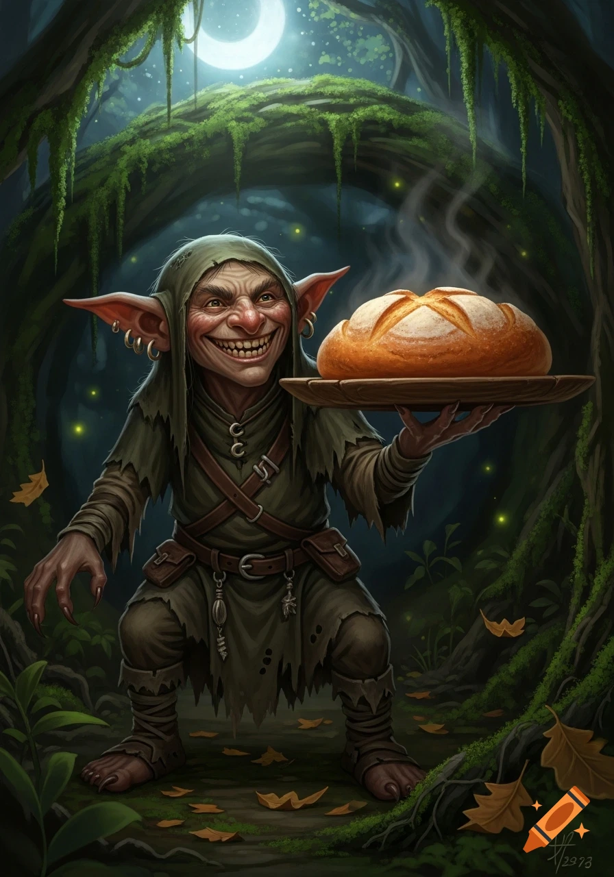 A grinning goblin in a dark, mossy forest holds a steaming loaf of bread on a plate under a crescent moon.