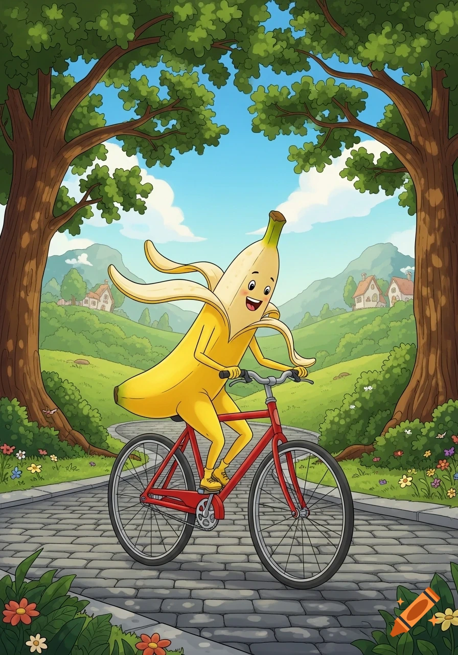 A cheerful cartoon banana character, partially peeled, rides a red bicycle on a paved path through a sunny, green landscape with trees and houses.