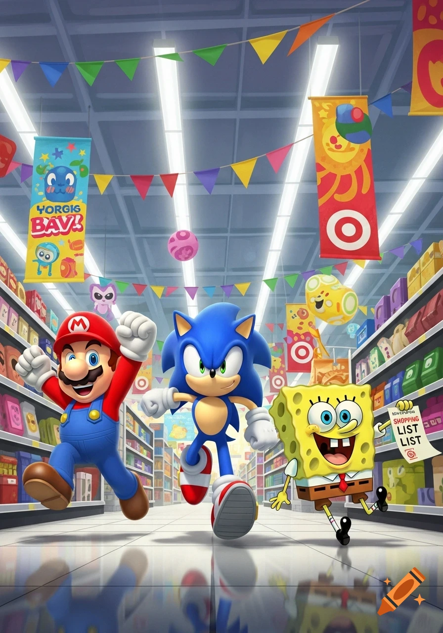 Mario, Sonic, and SpongeBob run through a colorful supermarket aisle with shelves of products and festive banners.