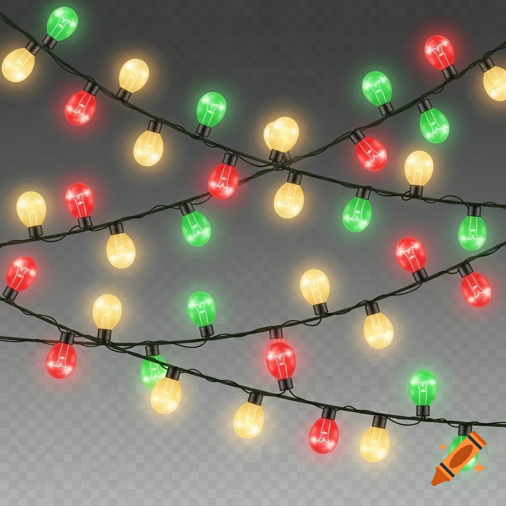 A string of colorful red, yellow, and green Christmas lights on a transparent background.