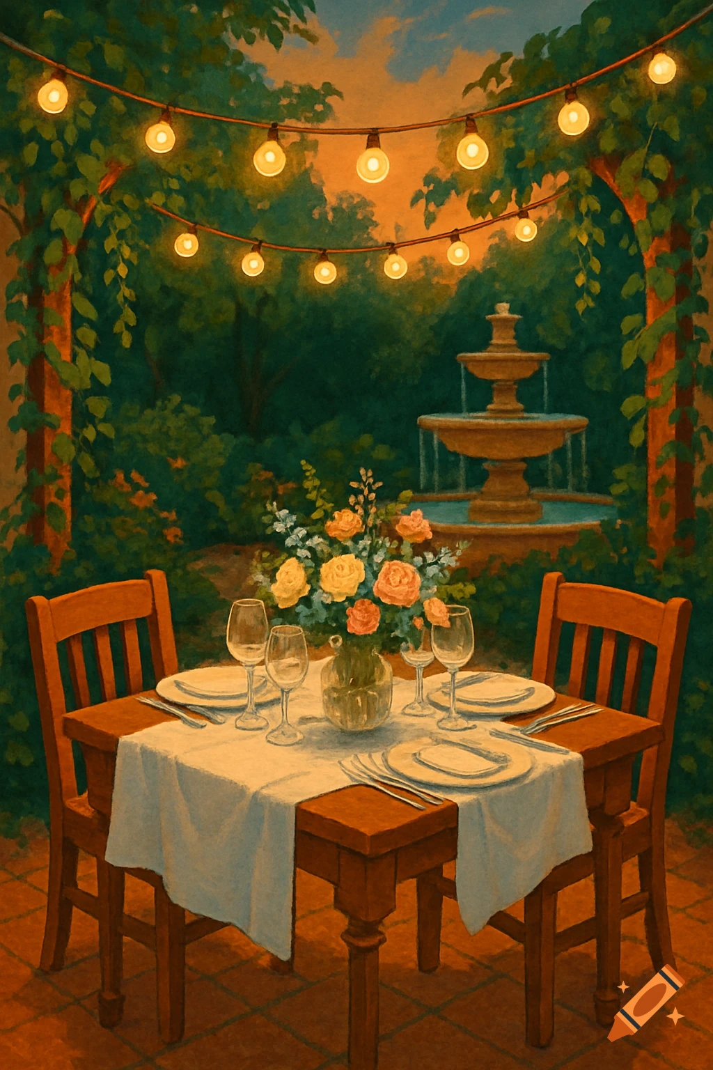 A romantic outdoor dining setting with a table set for two, string lights, and a fountain in a lush garden at dusk, painted in a warm, illustrative style.