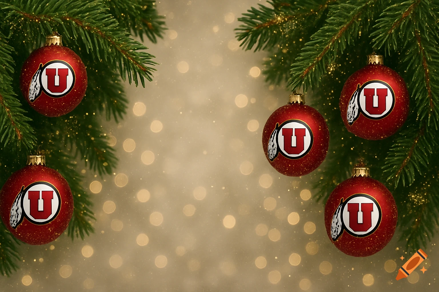 Red glitter Christmas ornaments with the Utah Utes 'U' logo hang from green pine garland, set against a shimmering gold bokeh background.