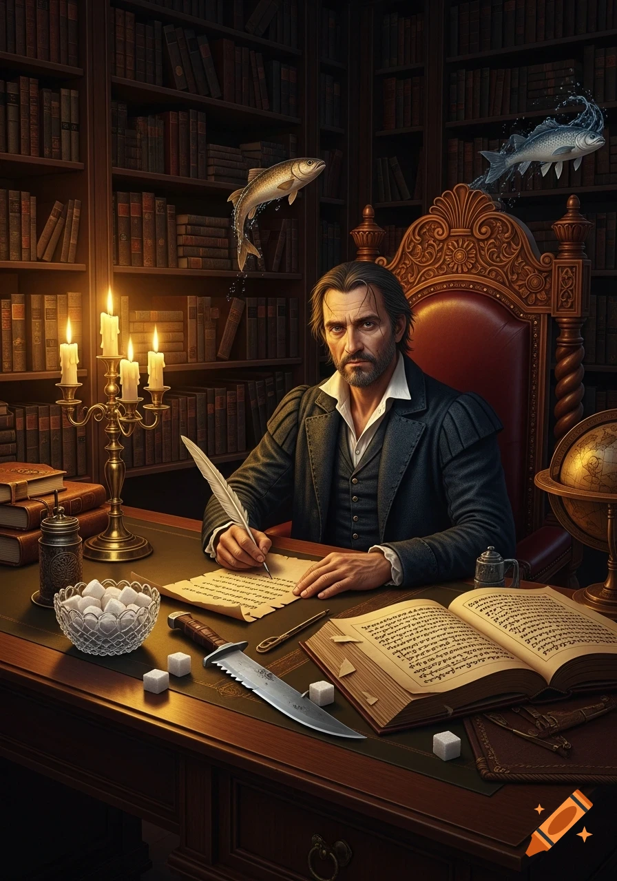 A man in historical attire writes at a candlelit desk in a library, with floating fish, a large knife, and sugar cubes nearby.
