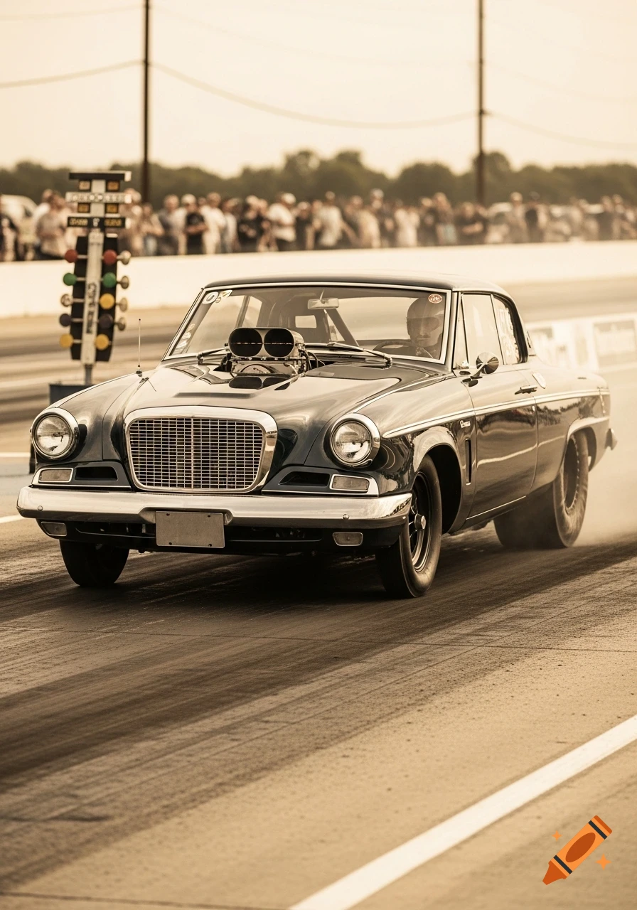 A vintage drag race car with a large engine scoop speeds down a track with spectators in the background, in a sepia-toned style.