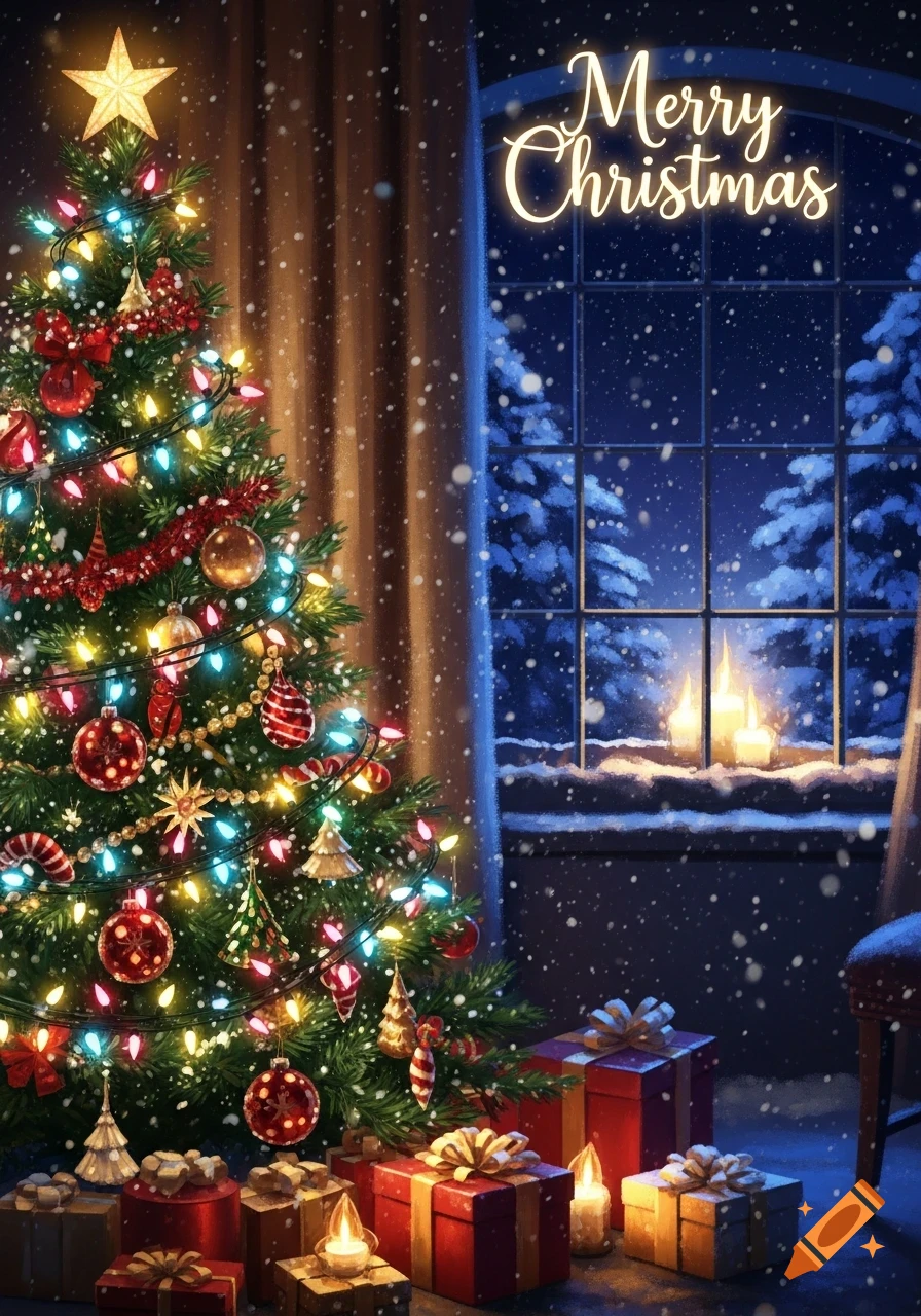 A festive Christmas tree with colorful lights and presents next to a snowy window with 'Merry Christmas' text and glowing candles.