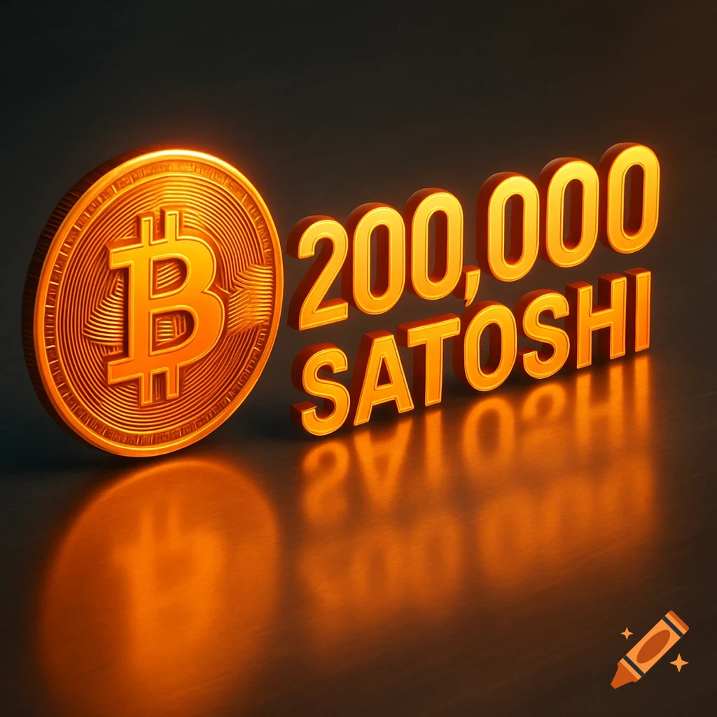 A glowing orange Bitcoin coin next to bright orange 3D text '200,000 SATOSHI' on a dark, reflective surface.