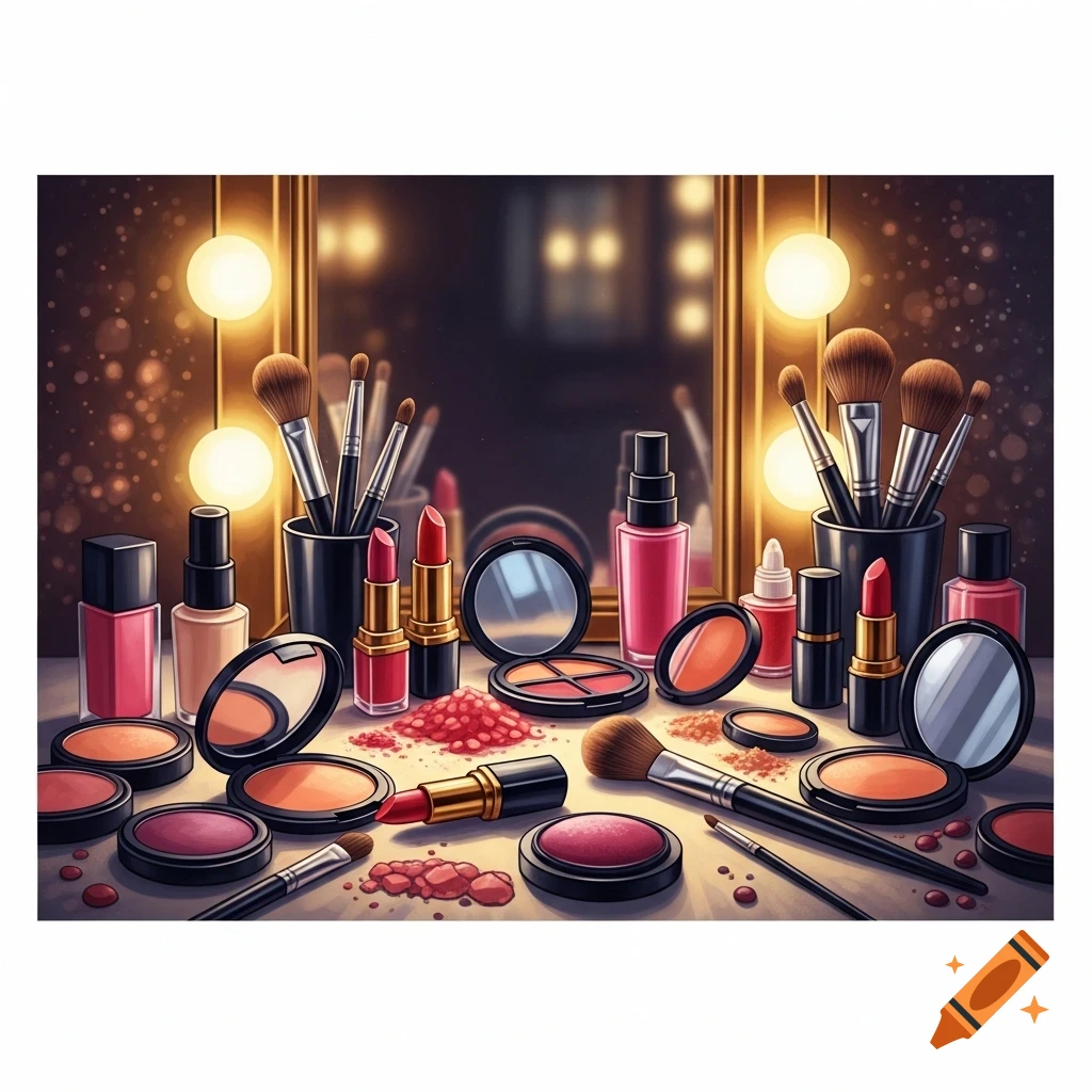A vibrant still life illustration of various makeup products including lipsticks, brushes, powders, and bottles arranged in front of a lighted vanity mirror.