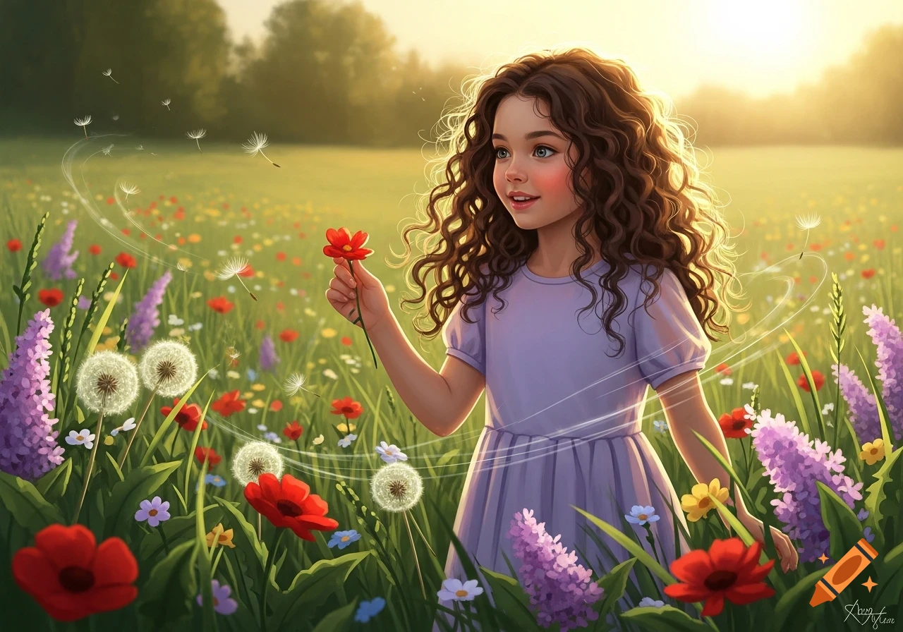 A young girl with curly hair in a purple dress holds a red flower in a sunlit field of colorful wildflowers and dandelions, with seeds floating magically.