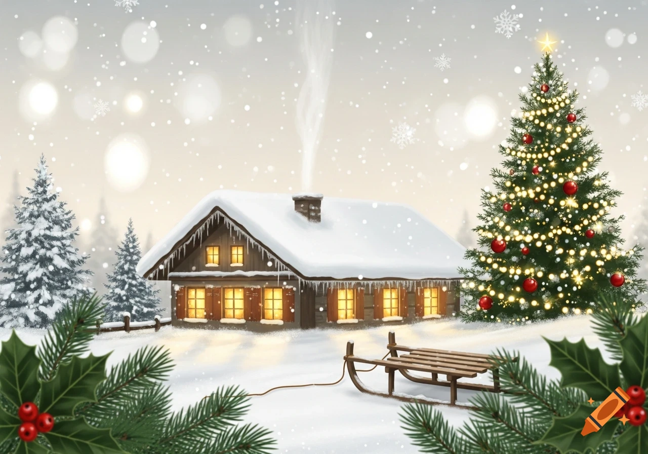 A cozy winter scene with a snow-covered cabin, a decorated Christmas tree, a wooden sled, and falling snow.