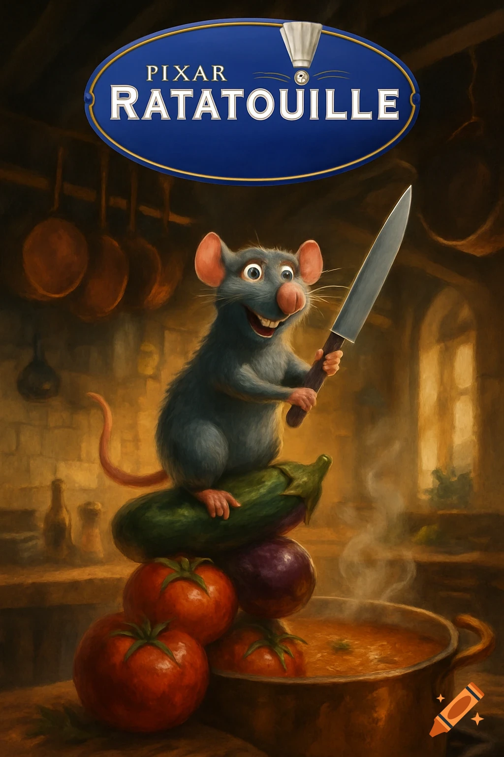 A cheerful cartoon rat holds a knife, standing on vegetables above a steaming pot of soup, under a 'PIXAR RATATOUILLE' title.