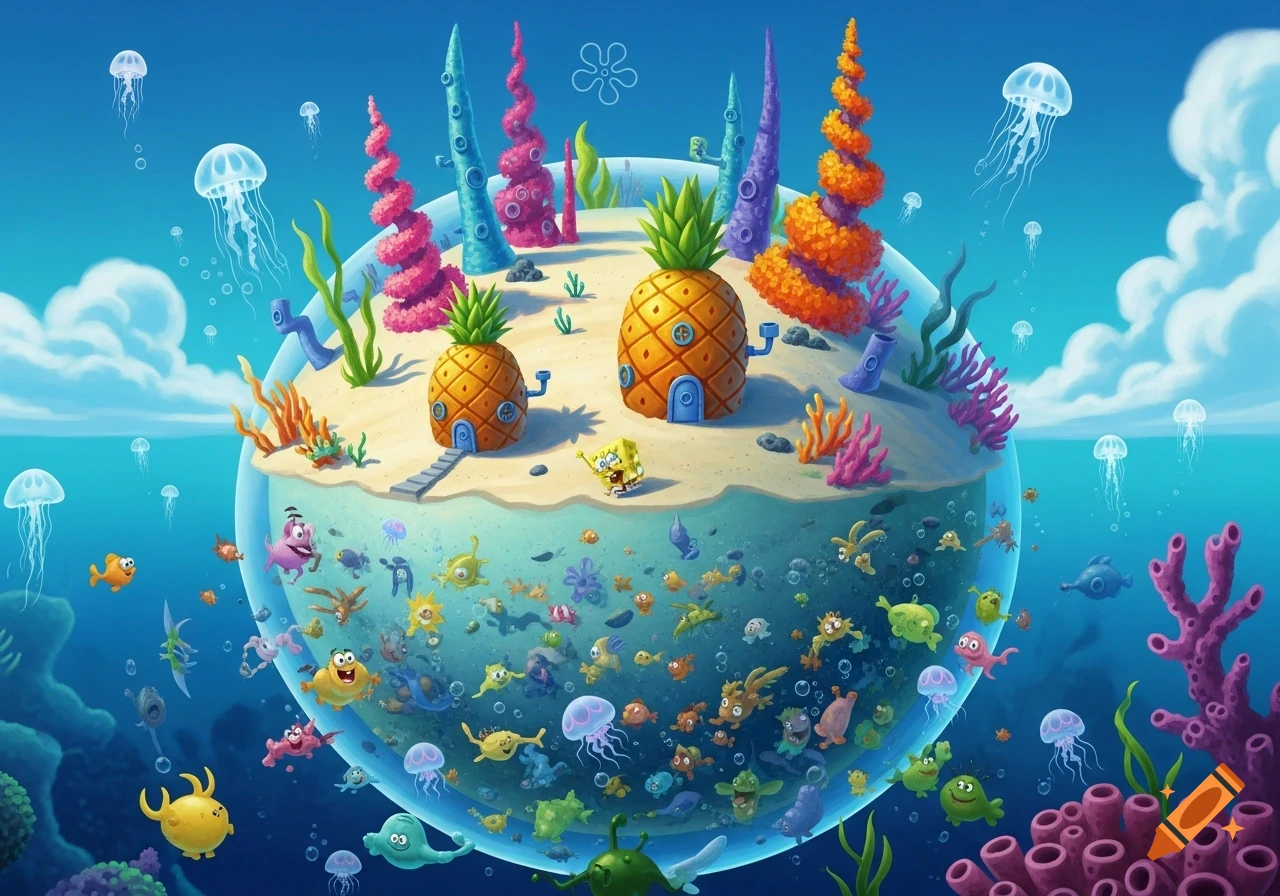 A vibrant cartoon image showing a Spongebob-themed planet, with pineapple houses, Spongebob, colorful coral, and various sea creatures in and around the ocean.