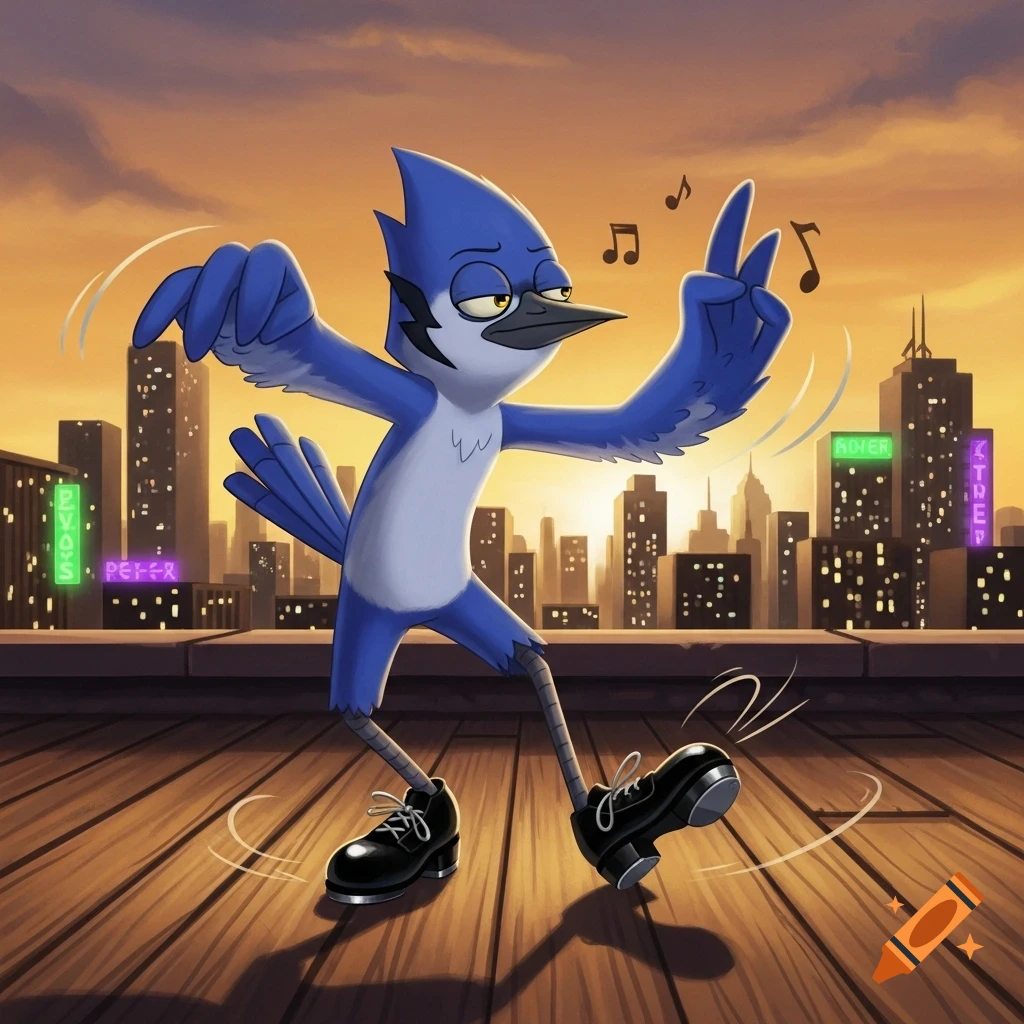 Mordecai, a blue jay cartoon character, tap dances on a city rooftop at sunset, wearing black lace-up tap shoes.