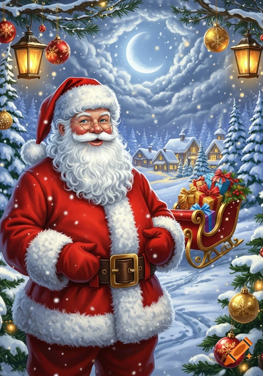 Jovial Santa Claus in a snowy Christmas village scene at night, with decorated trees and a sleigh full of gifts.