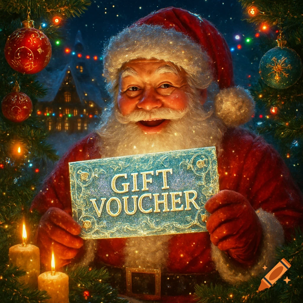 Jolly Santa Claus smiles, holding a 'GIFT VOUCHER' card, surrounded by glowing Christmas trees, ornaments, and candles.