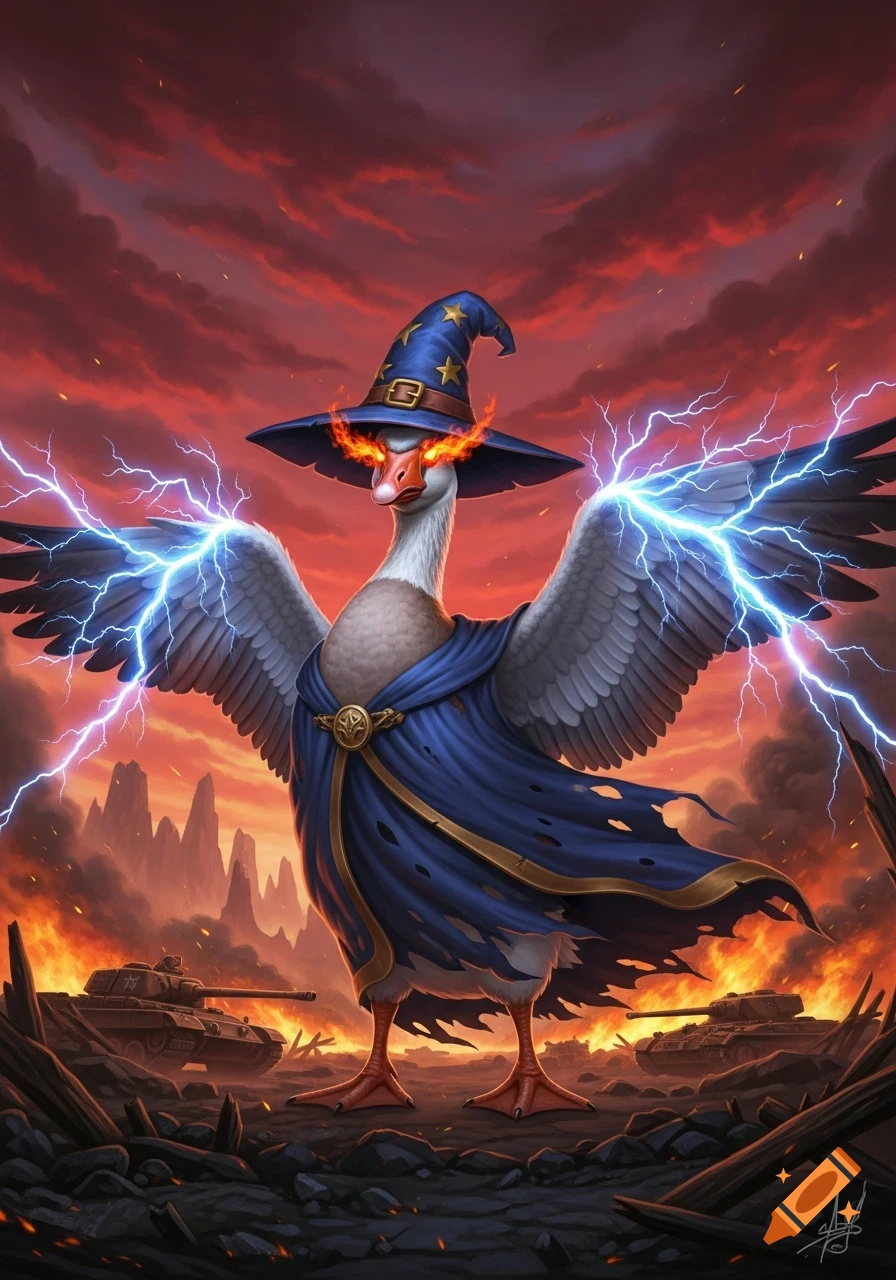 A powerful goose wizard with fiery eyes and lightning from its wings, dressed in blue, stands amidst destroyed tanks in a fiery hellscape.