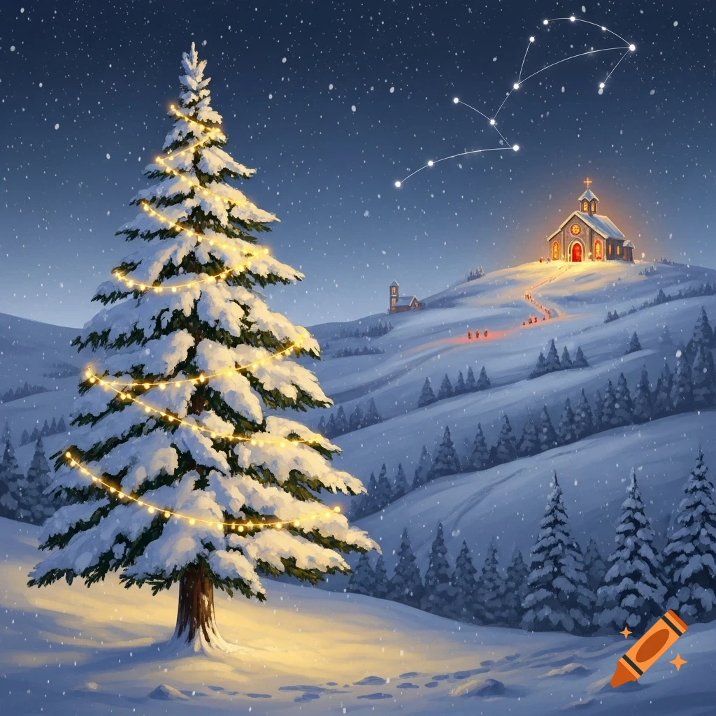 A snowy Christmas landscape with a large decorated pine tree in the foreground and a brightly lit church on a hill under a starry night sky.