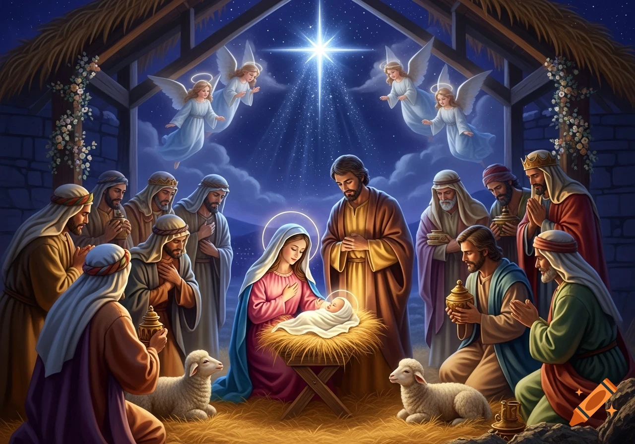 Mary, Joseph, and baby Jesus in a Nativity scene, with shepherds, wise men, angels, and sheep, under a bright star in a stable.