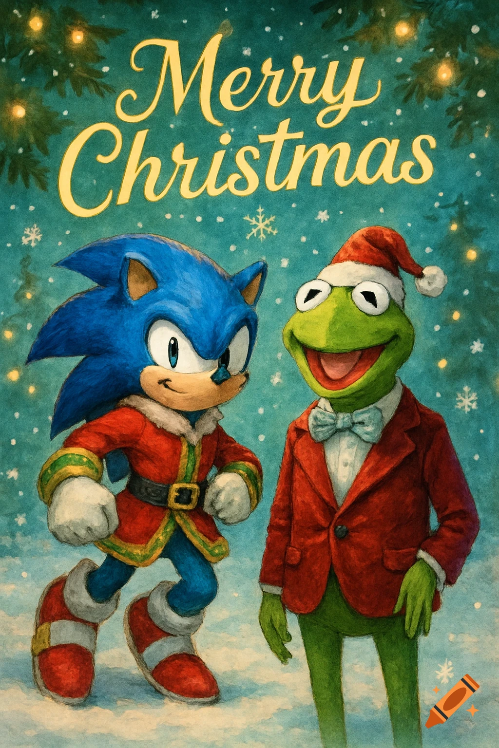 Sonic and Kermit, in Christmas outfits, stand in snow under 'Merry Christmas' text and festive lights.