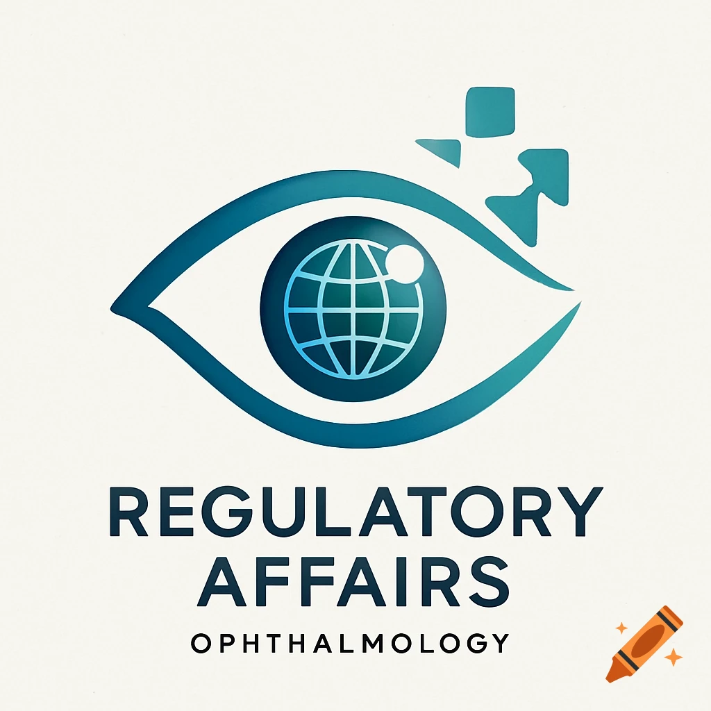 Blue and teal logo with an eye, a globe, and digital elements, text reads 'REGULATORY AFFAIRS OPHTHALMOLOGY'.