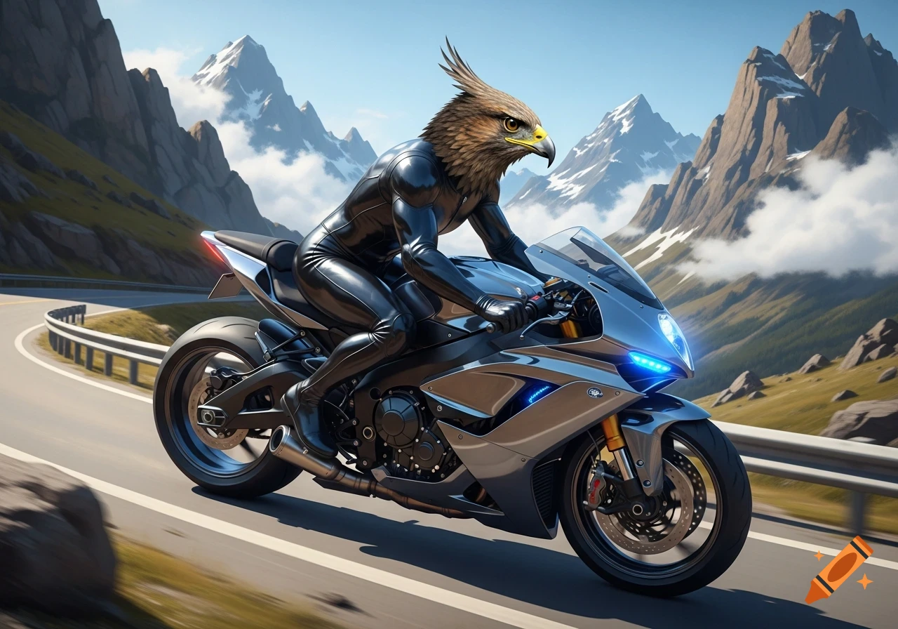 An anthropomorphic eagle in a black suit rides a silver modern motorcycle on a winding mountain road.