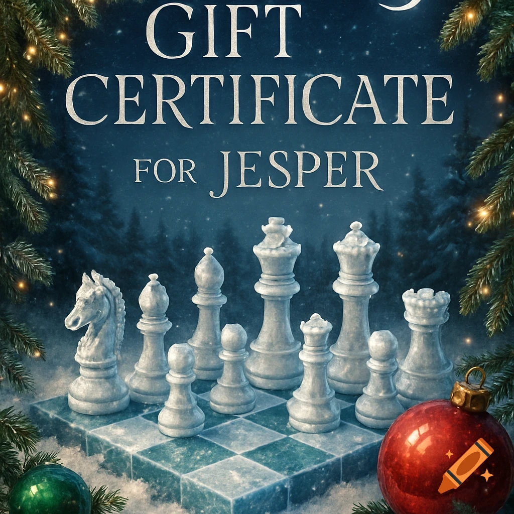 A Christmas-themed gift certificate for Jesper, featuring a frosty chessboard with white chess pieces and ornaments.