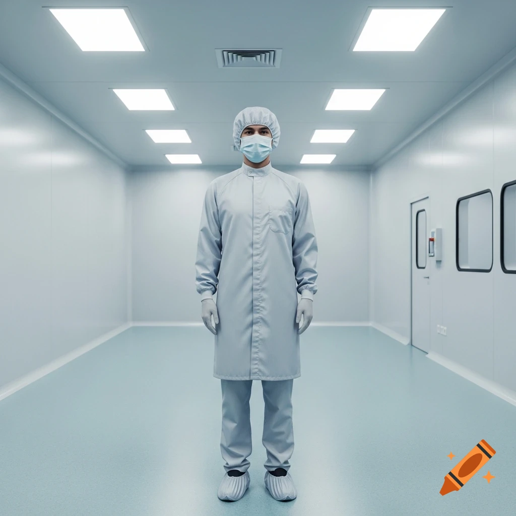 A person in a full cleanroom suit, including mask, cap, gloves, and shoe covers, stands in a brightly lit, sterile cleanroom.