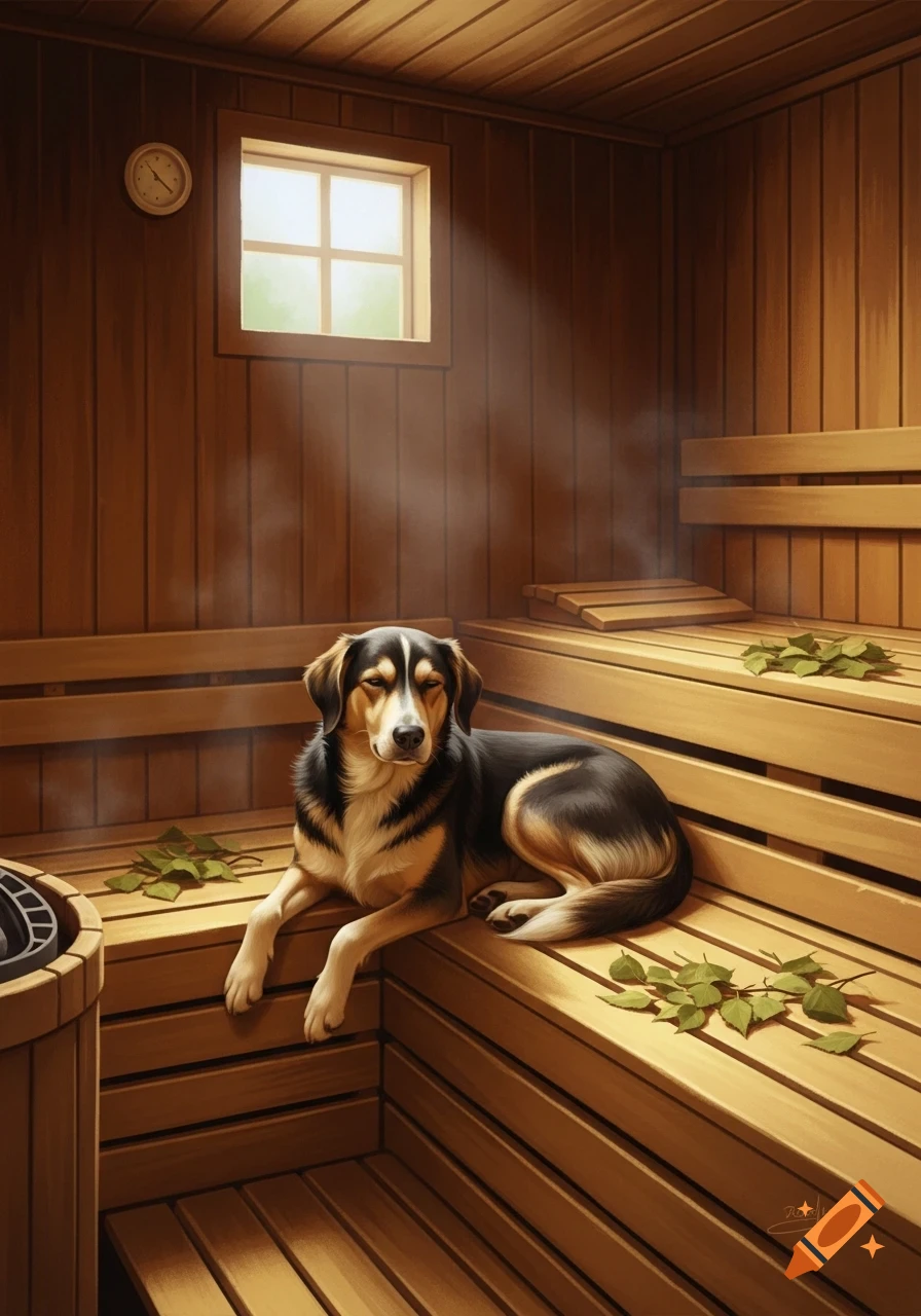 A tricolor dog relaxes on a wooden bench in a steamy sauna, with birch leaves scattered on the benches, digital art.