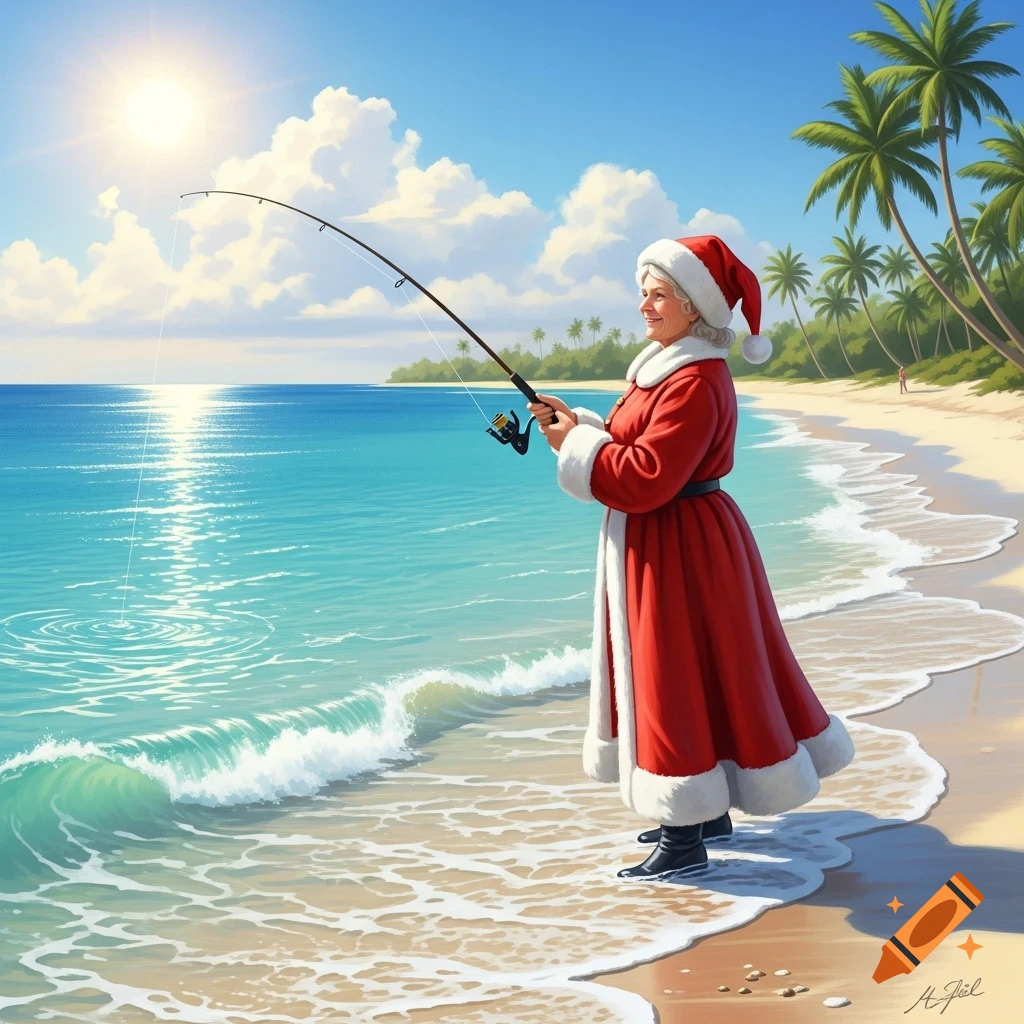 Mrs. Claus fishes with a rod and reel in the turquoise waves of a sunny tropical beach with palm trees in the background.
