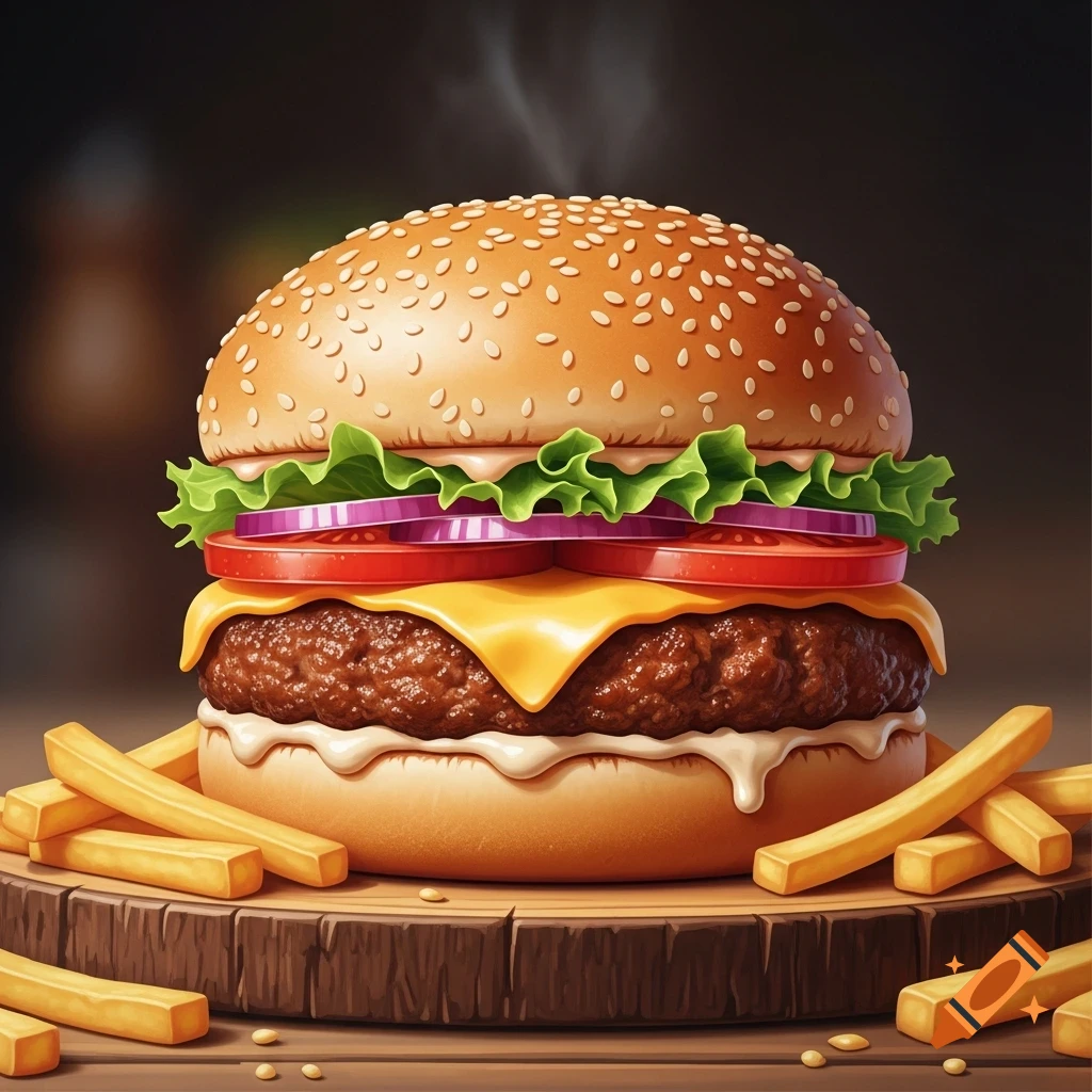 A delicious cheeseburger with lettuce, tomato, onion, cheese, and a side of french fries on a wooden cutting board.