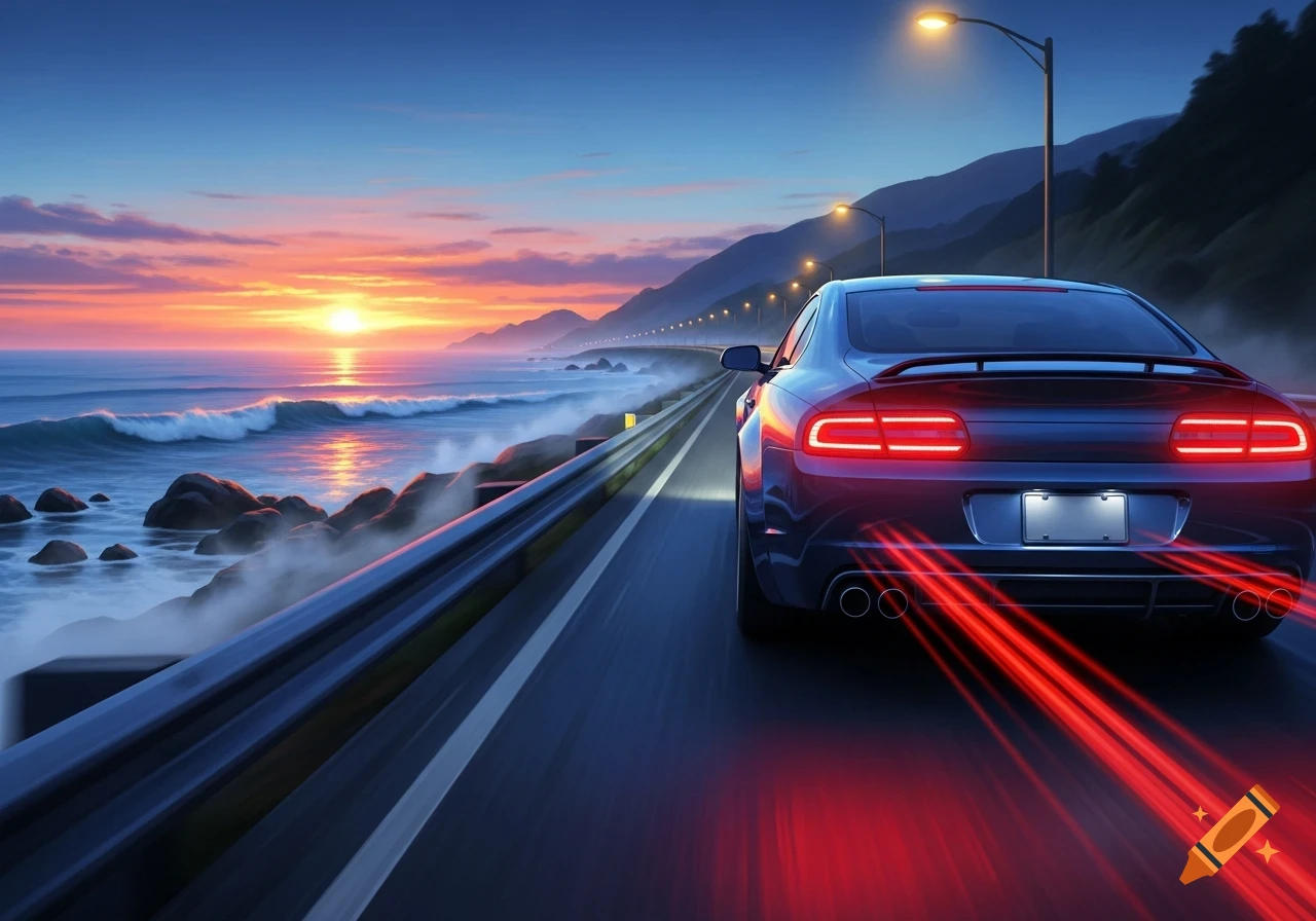 A blue sports car speeds down a coastal road at sunset, leaving red light trails. The ocean and mountains are visible under a vibrant sky.