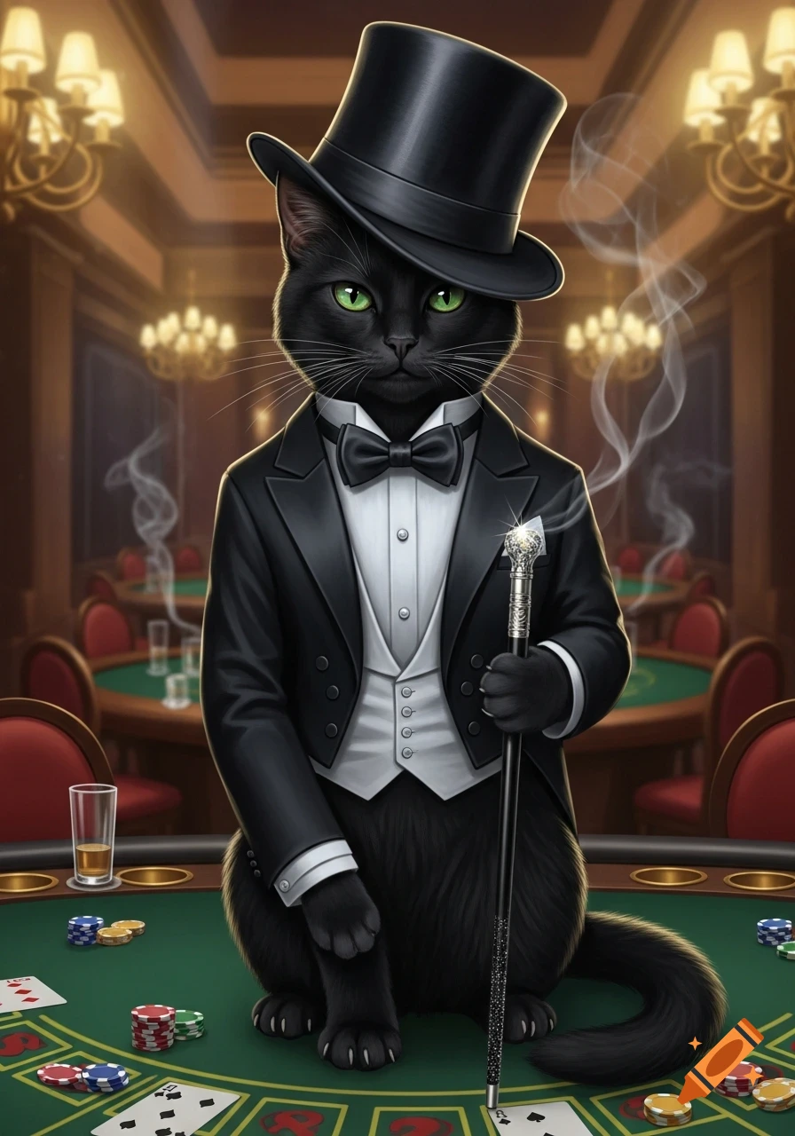 A sophisticated black cat wearing a top hat and tuxedo sits at a casino poker table, holding a cane.