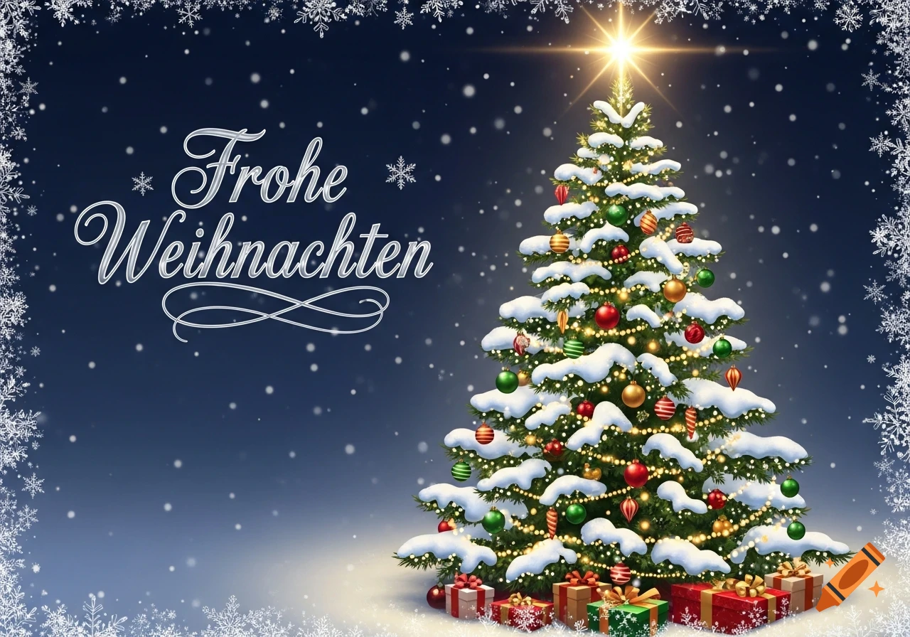 A festive Christmas tree covered in snow with ornaments and presents, surrounded by falling snowflakes and the text 'Frohe Weihnachten'.